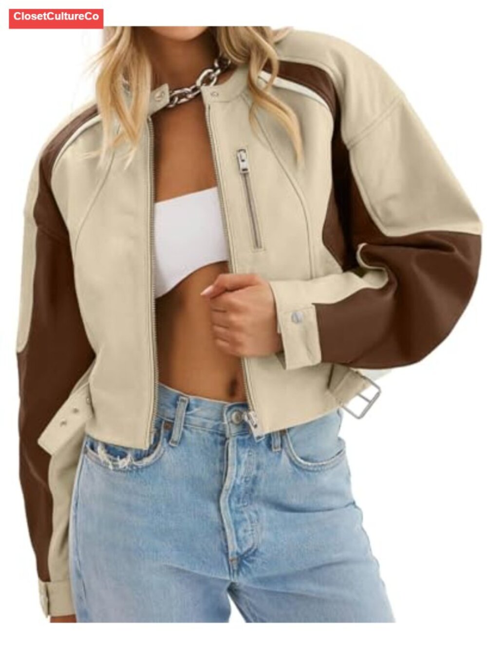Faux Leather Cropped Bomber Jacket Moto Biker Collarless Zip Fall Coat